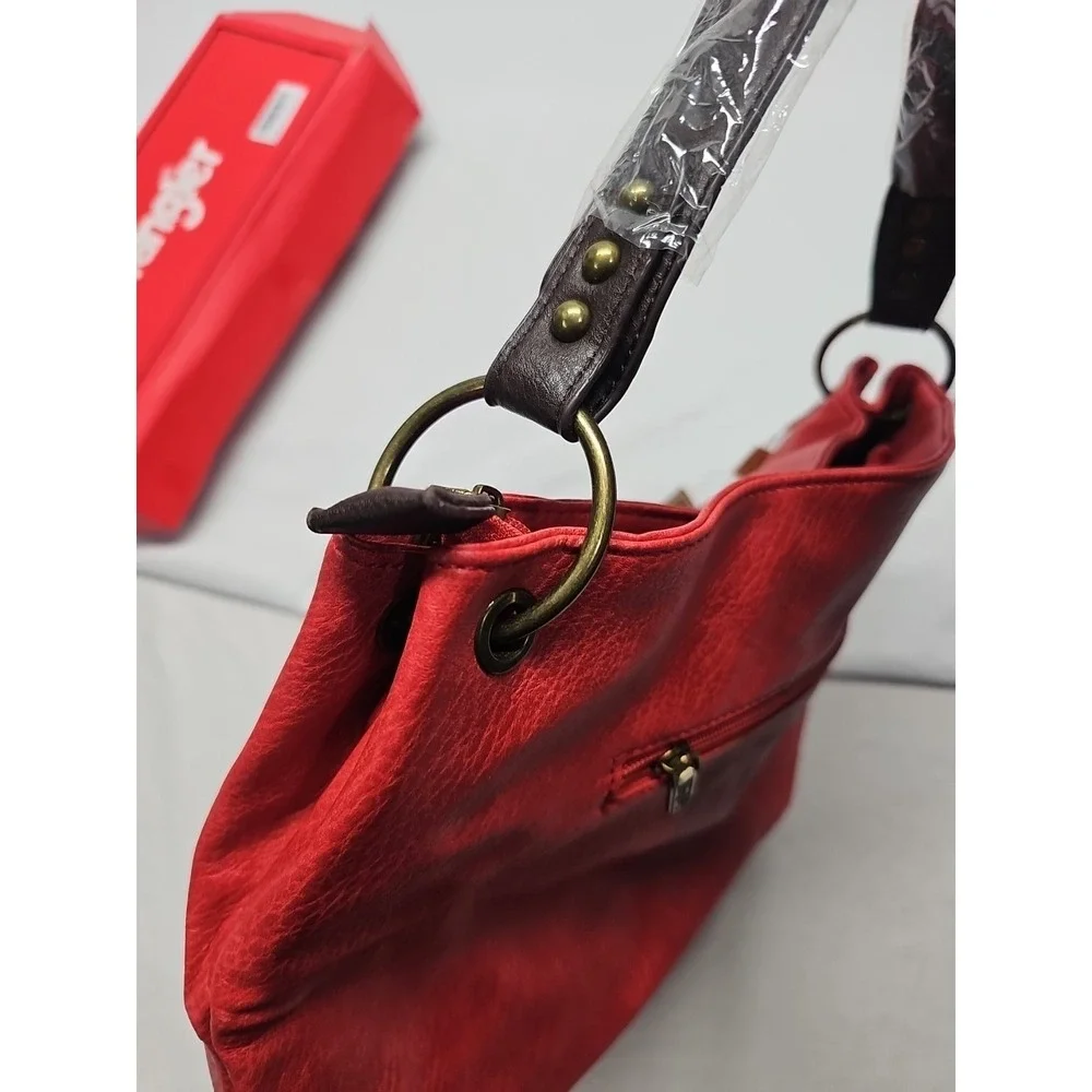 Wrangler Vegan Leather Hobo Bag Women's Top Handle Shoulder‎ Purse Red Brown NWT